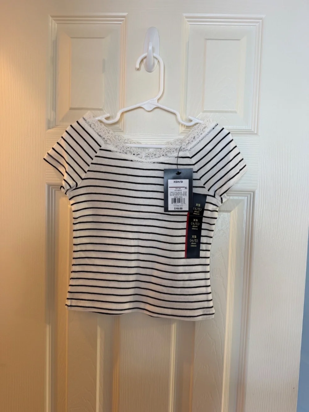 Art Class Girls Ivory Striped Lace Trim Short Sleeve Tee | Size XS | NWT